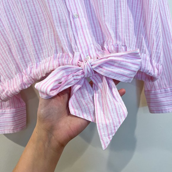 XiRENA Pink Striped Tie Front Button Down Lightweight Classic Designer Blouse XL - Picture 4 of 10